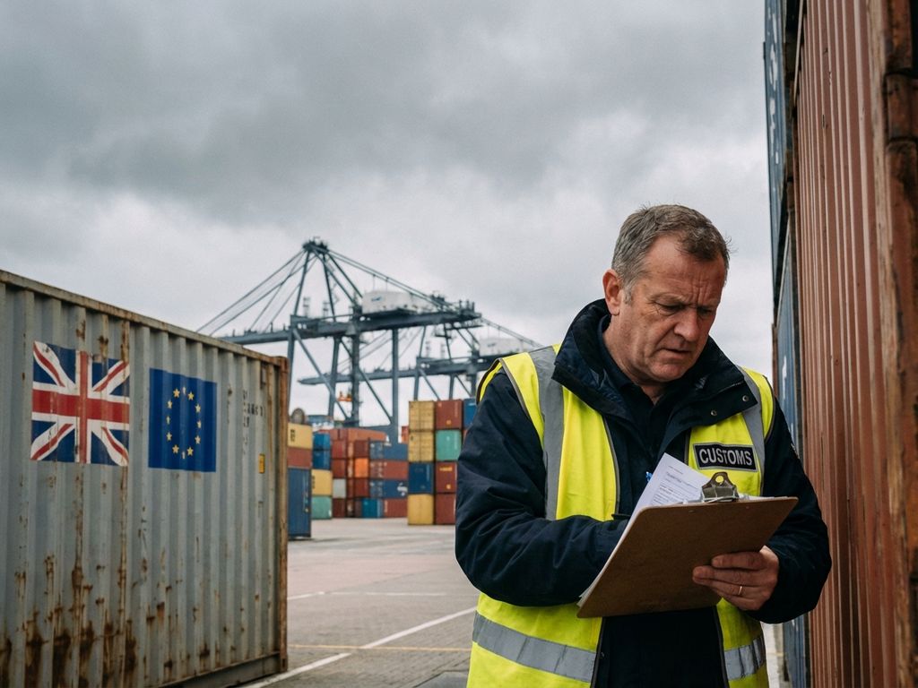 Douanebeambte in hesje inspecteert containers op drukke haventerminal met Britse en EU-vlaggen op vracht