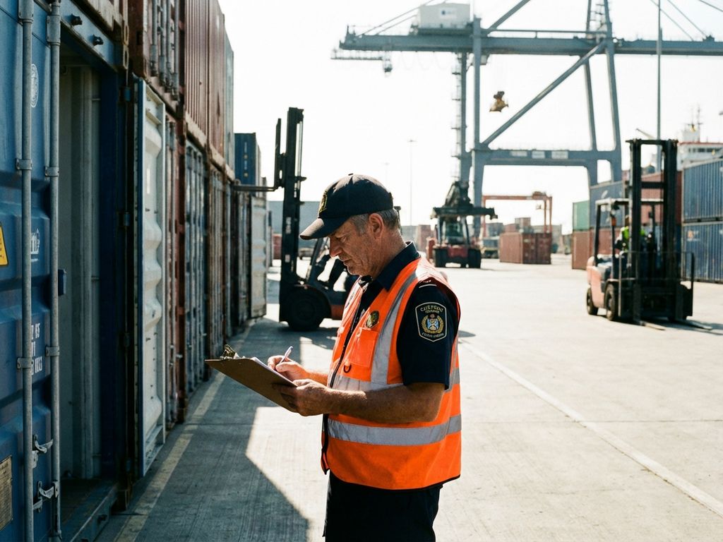 Douanebeambte in hesje inspecteert vrachtcontainers op drukke haventerminaal met klembord en hijskranen op achtergrond