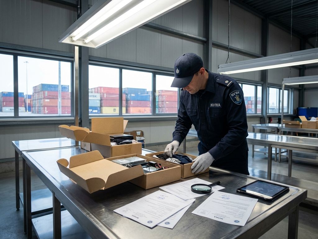 NVWA douane-inspecteur controleert geïmporteerde goederen aan inspectietafel in moderne magazijnruimte