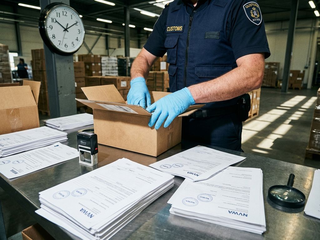 Douanebeambte in uniform inspecteert geïmporteerde goederen aan inspectietafel met NVWA-documenten en stempels