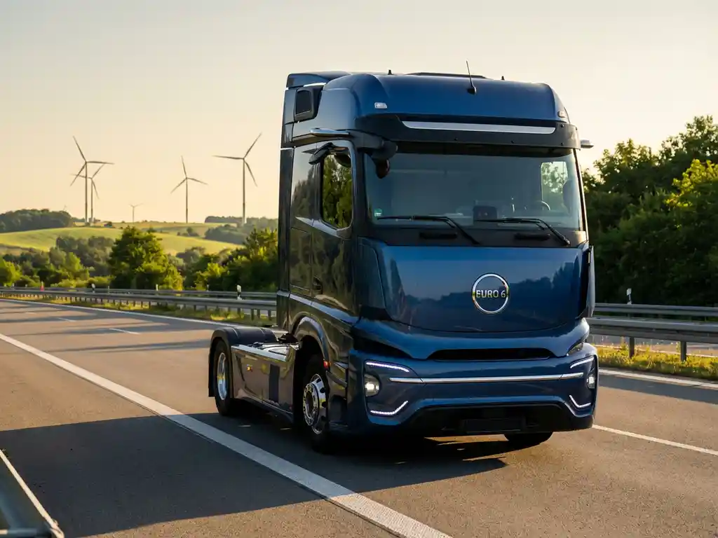 Moderne elektrische vrachtwagen op Europese snelweg met windmolens en groene landschap op achtergrond