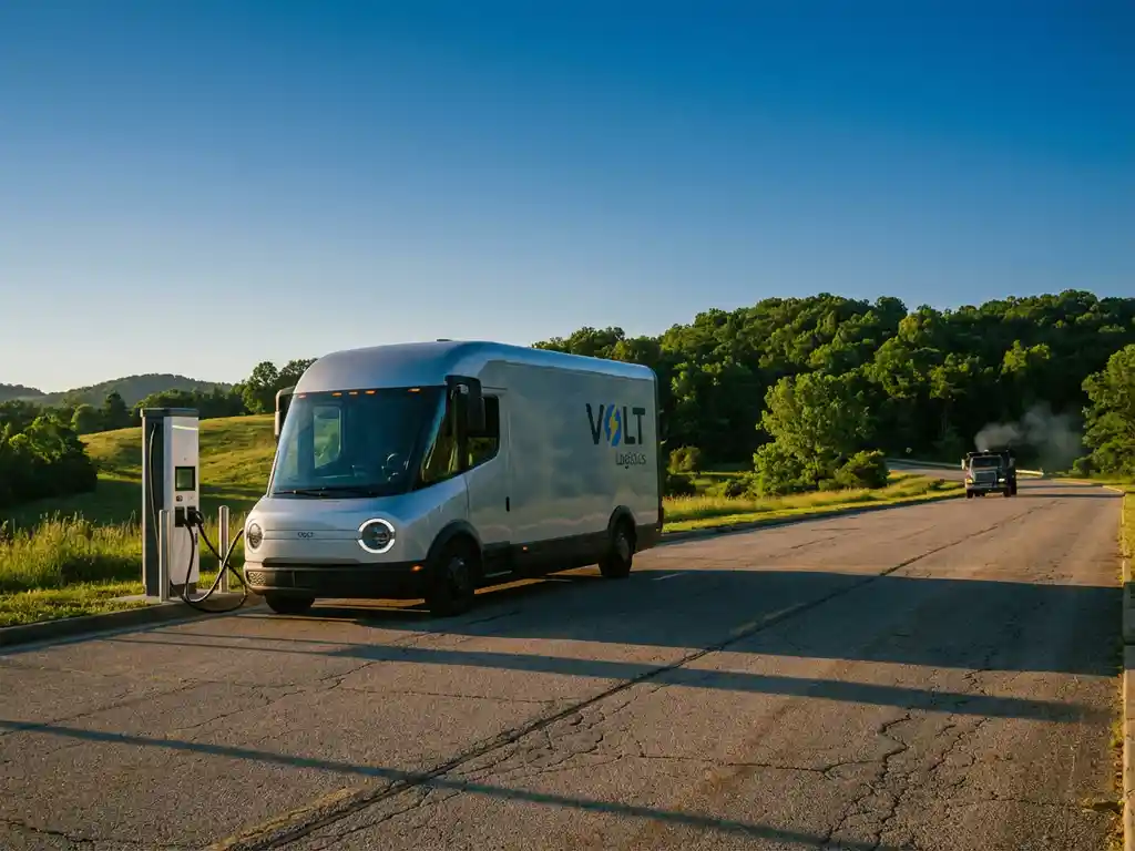 Moderne elektrische bestelwagen aan laadstation met groene bomen op achtergrond tijdens gouden uur