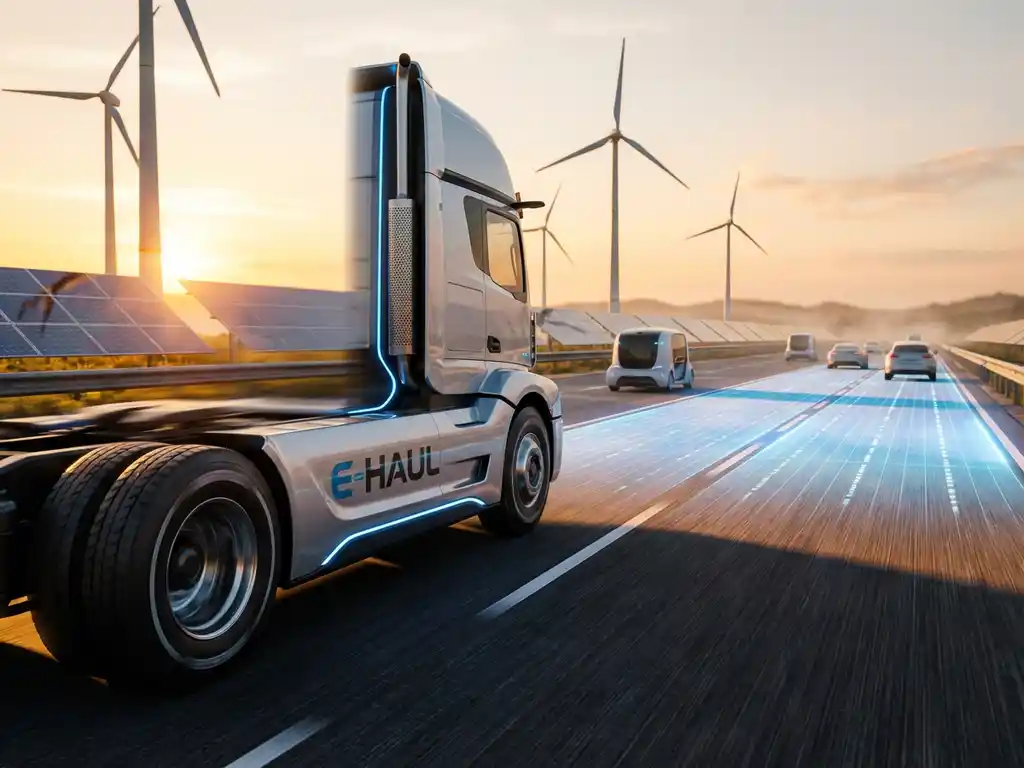 Moderne elektrische truck rijdt op slimme snelweg met LED-strips, windmolens en zonnepanelen in gouden avondlicht