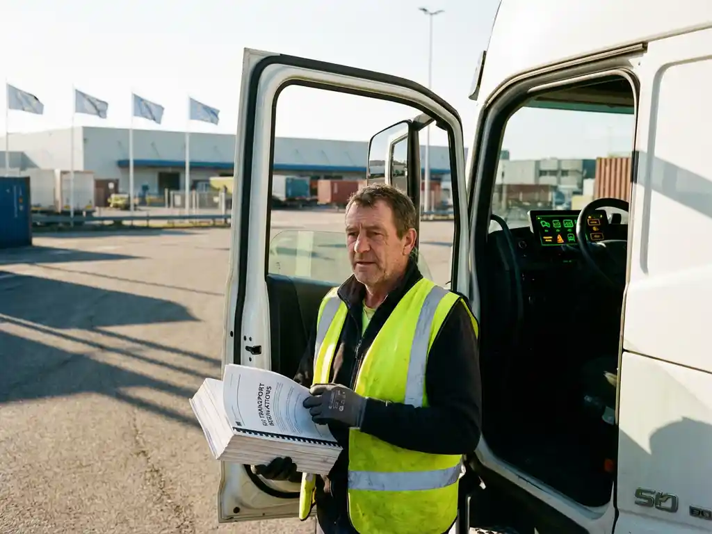 Vrachtwagenchauffeur in hesje houdt regelgevingsdocument vast naast witte vrachtwagen bij EU logistiek centrum