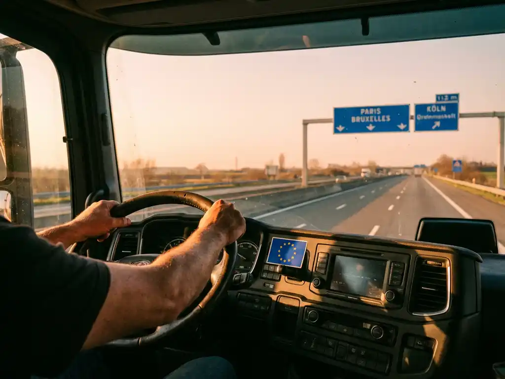 Professionele vrachtwagenchauffeur bestuurt Europese truck op snelweg, EU-vlag op dashboard zichtbaar