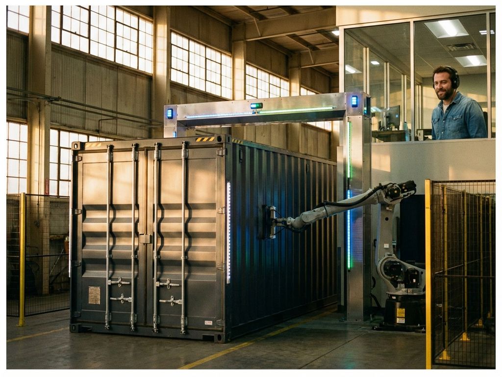 Moderne vrachtcontainer wordt door geautomatiseerde robotarmen door inspectiepoort geleid terwijl manager toekijkt