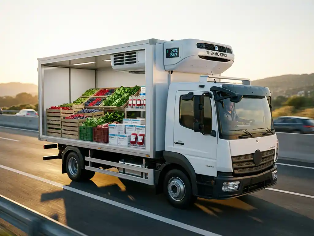 Witte koelwagen op snelweg met zichtbare gekoelde laadbak vol verse producten en medische benodigdheden
