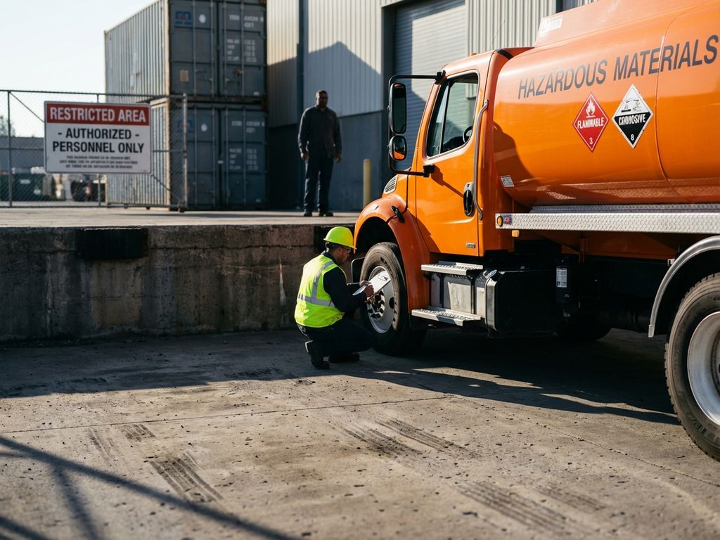 Oranje gevaarlijke stoffen truck met chauffeur die veiligheidsinspectie uitvoert bij industriële laadperron