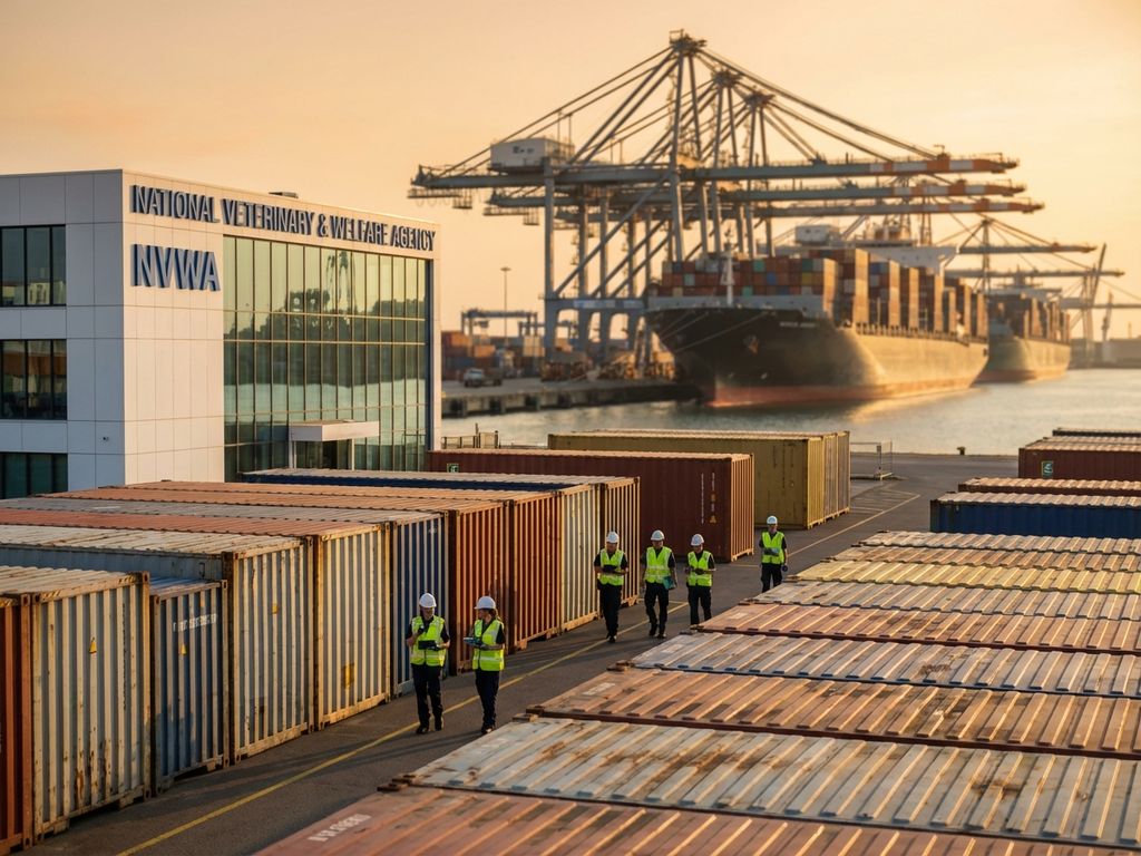 NVWA-inspecteurs controleren containers bij drukke haventerminal met kraanschepen en overslagfaciliteiten tijdens gouden uur.