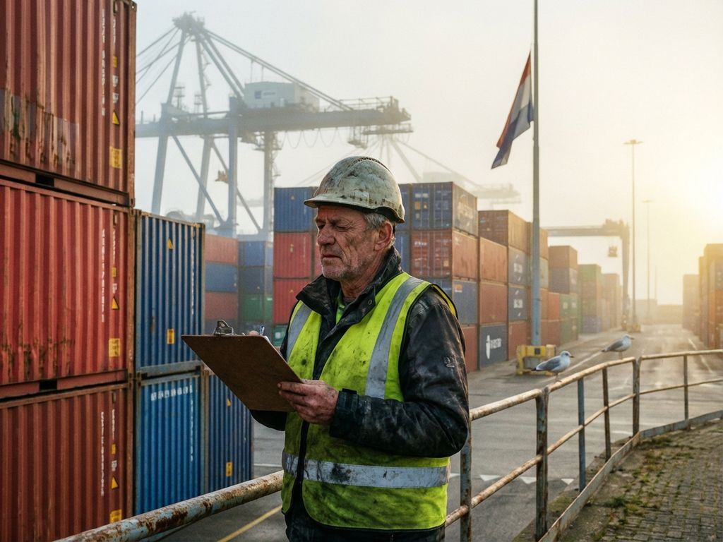 Havencontroleur in veiligheidsvest inspecteert containers met klembord, kranen en Nederlandse vlag op achtergrond