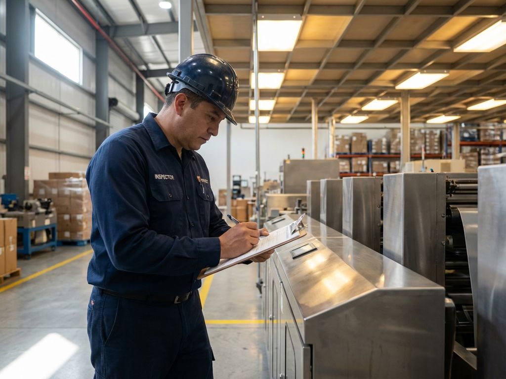 Professionele inspecteur in uniform controleert klembord naast industriële apparatuur in moderne magazijn