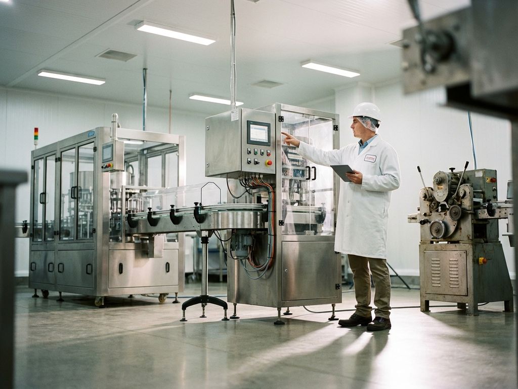 Voedselinspecteur in witte jas onderzoekt industriële verwerkingsmachines in moderne fabriek met tablet