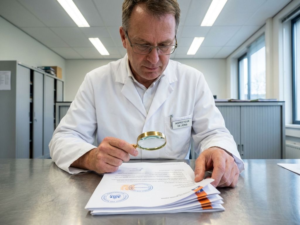 Inspecteur in witte jas onderzoekt officiële Nederlandse overheidsdocumenten met vergrootglas op modern bureau