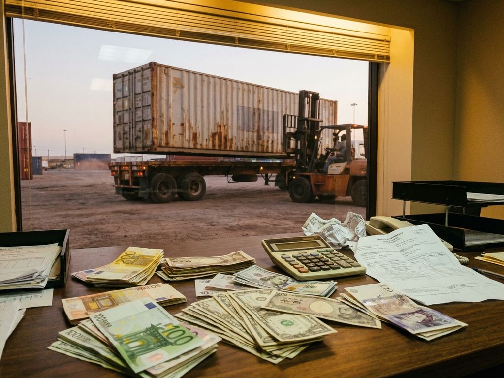 Vrachtwagen wordt geladen met zeecontainer terwijl internationale valuta en verzendkosten documenten op bureau liggen