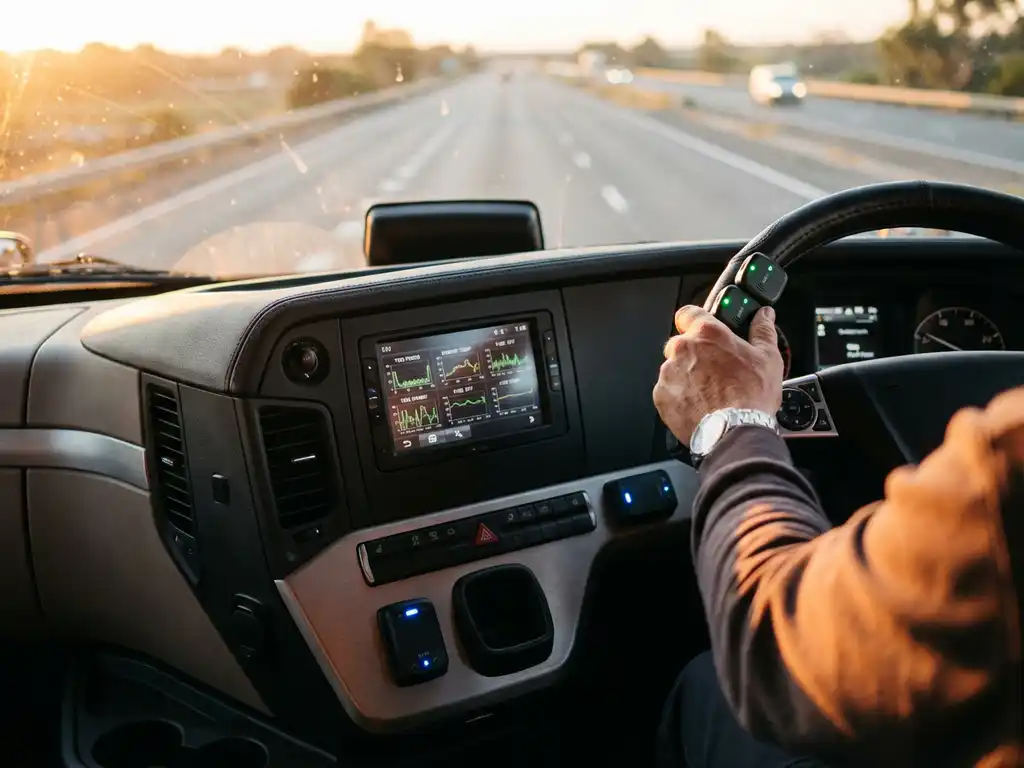 Moderne vrachtwagen dashboard met IoT sensoren en digitale displays, chauffeur aan het stuur op snelweg bij zonsondergang