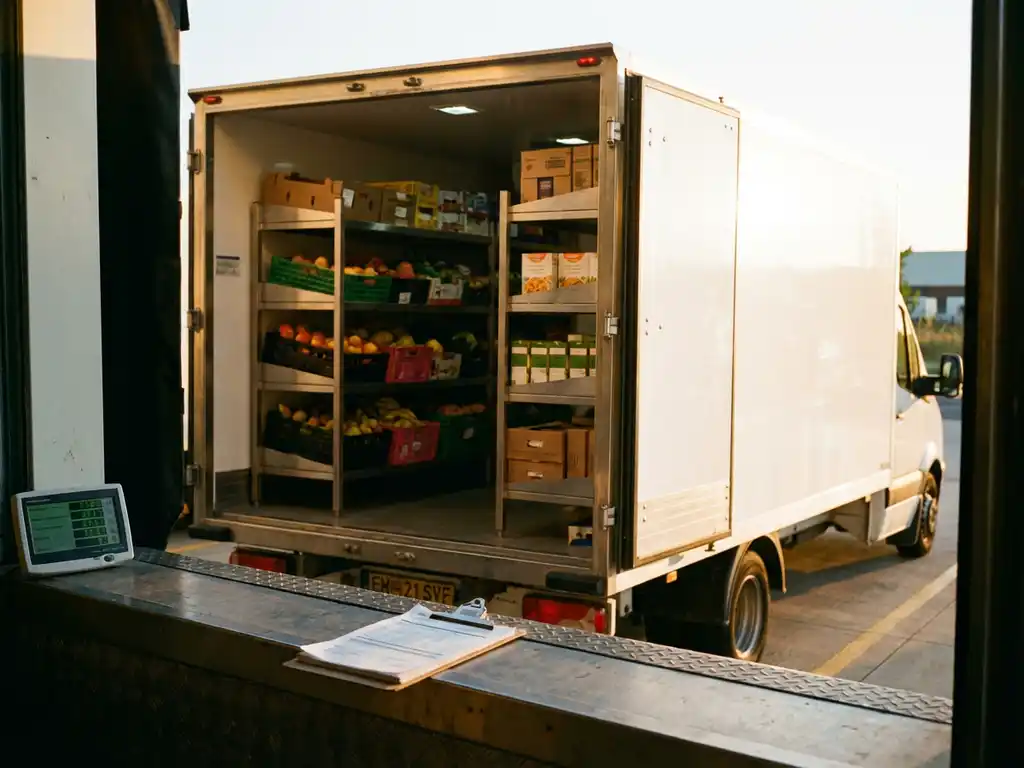 Koeltruck met open deuren toont georganiseerde kratten verse producten, klembord met inspectiedocumenten op laadplatform