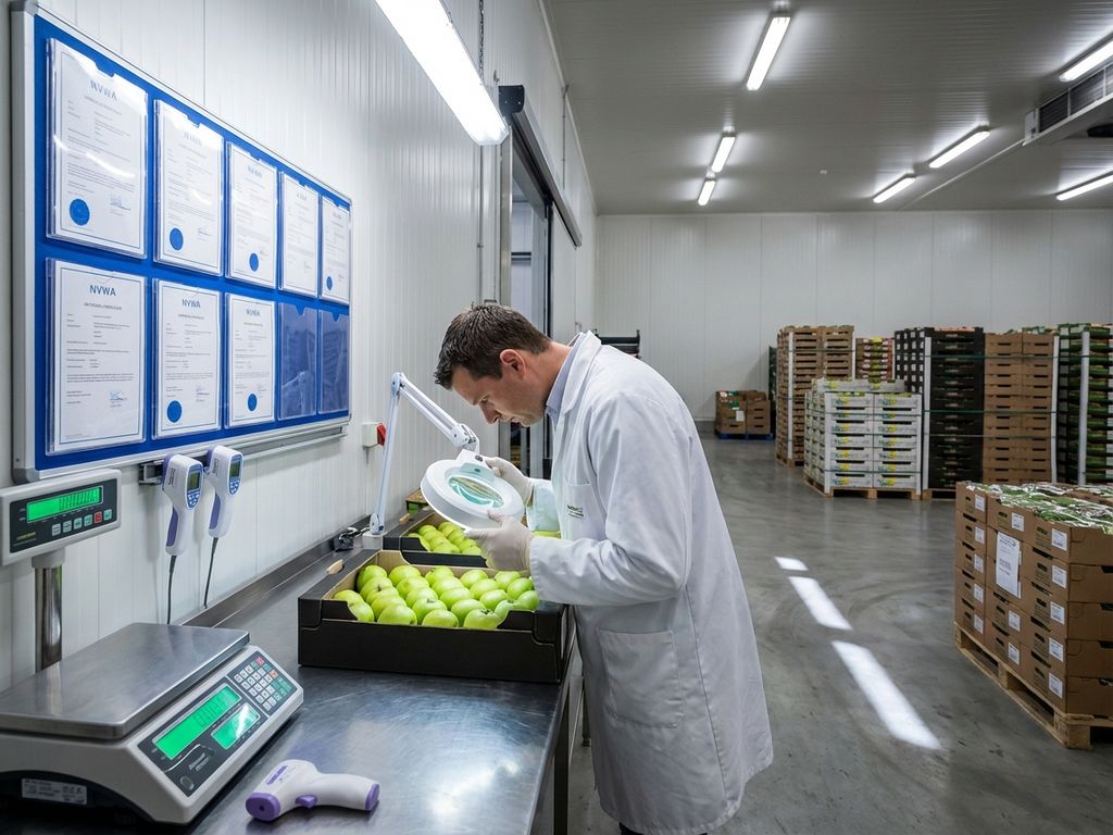 Kwaliteitscontroleur in witte jas inspecteert verse producten in moderne magazijn met NVWA-certificaten op muur