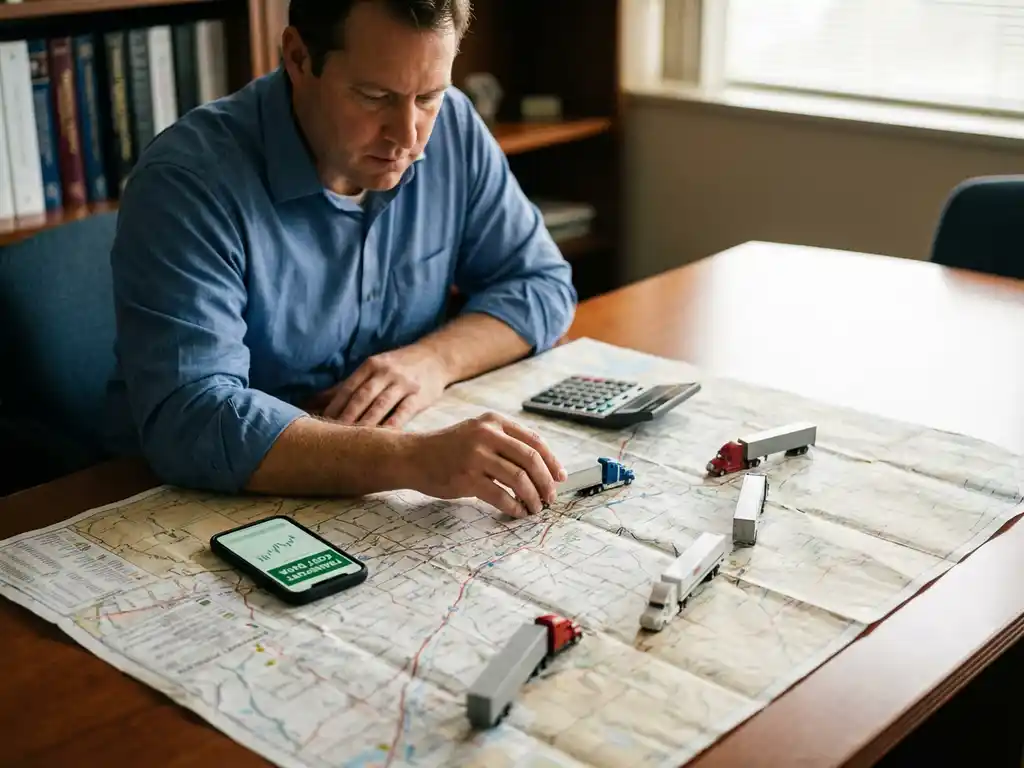 Logistiek analist bestudeert routekaart op vergadertafel met rekenmachine, smartphone en speelgoedvrachtwagens op snelwegen