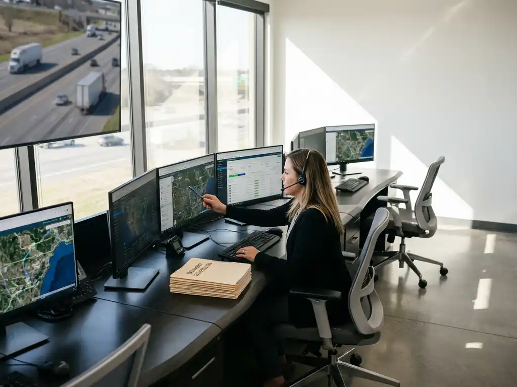 Professionele dispatcher met headset coördineert vrachtwagentransport vanuit moderne logistieke controlecentrum met monitoren
