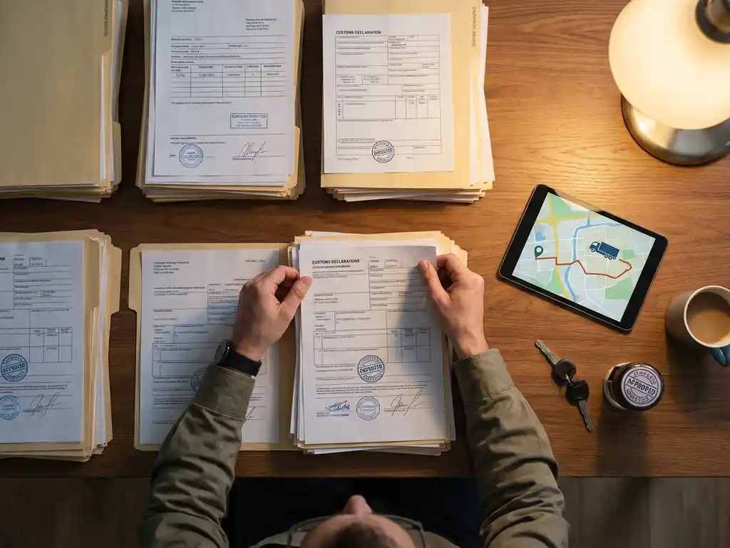 Logistiek coördinator organiseert transportdocumenten en douaneformulieren op bureau met tablet en vrachtwagenschleutel