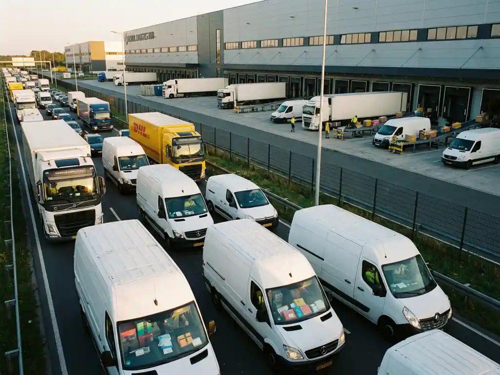Drukke snelweg met bezorgvrachtwagens en distributiecentrum met werknemers die pakketjes laden tijdens gouden uur