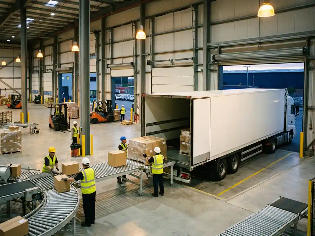 Vrachtwagen wordt geladen aan laadperron van moderne logistieke magazijn met werknemers die goederen transporteren