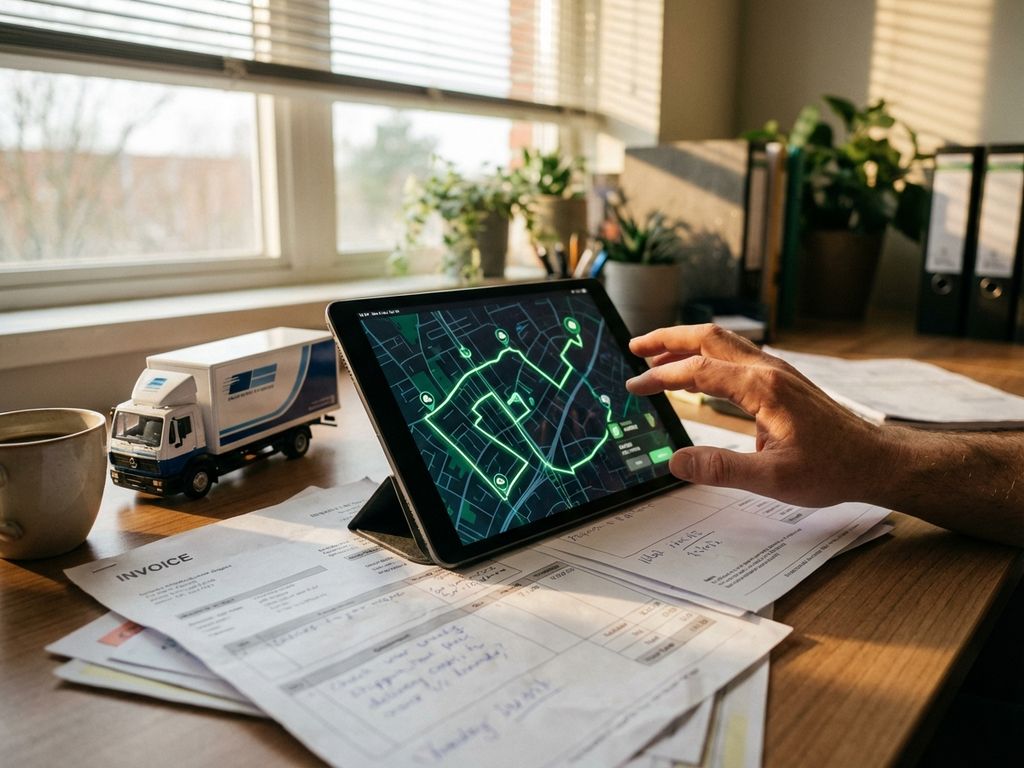 Logistiekmanager gebruikt tablet met routeoptimalisatie op bureau met papieren documenten en modelvrachtauto
