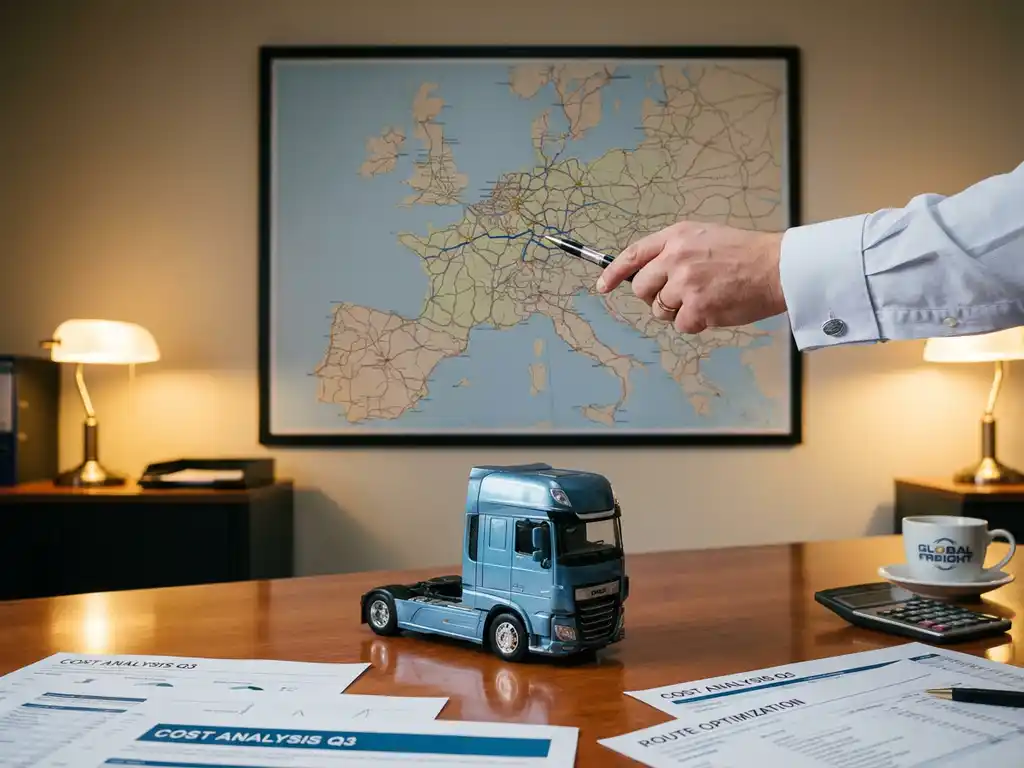 Logistiek manager wijst naar Europese transportroute op wandkaart, met vrachtwagen model en documenten op bureau