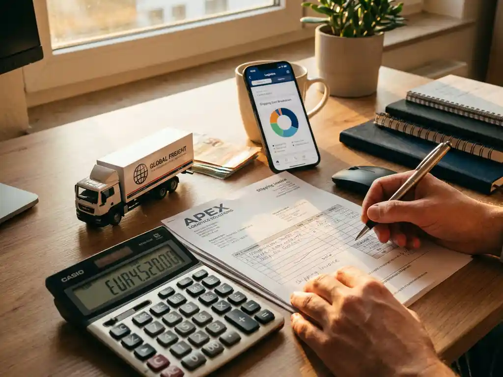 Logistiek manager berekent verzendkosten met rekenmachine en factuur op kantoorbureau met vrachtwagen model en euro bankbiljetten
