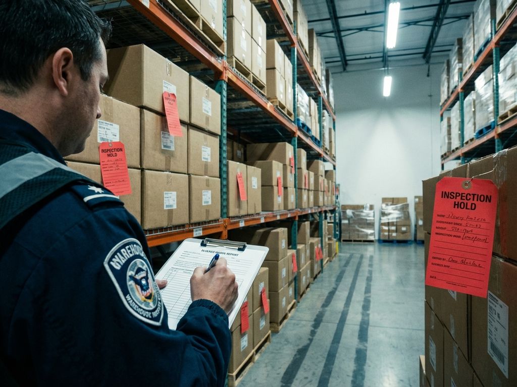 Magazijninspecteur in uniform controleert dozen op industriële stellingen met rode inspectieetiketten en klembord