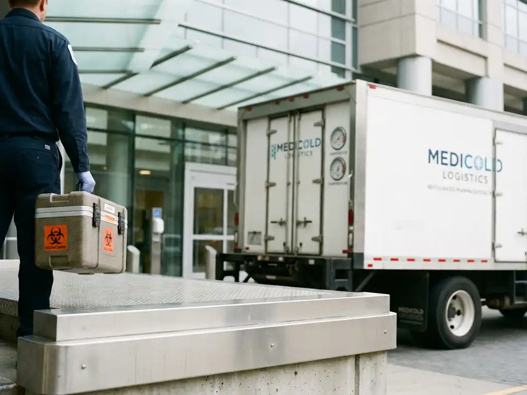 Farmaceutische bezorger hanteert medische transportkoffer bij gekoelde vrachtwagen op ziekenhuis laadperron