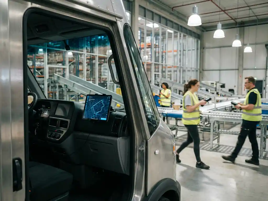 Moderne vrachtwagen met digitaal dashboard en routeoptimalisatie tablet in hoogtechnologisch logistiek centrum