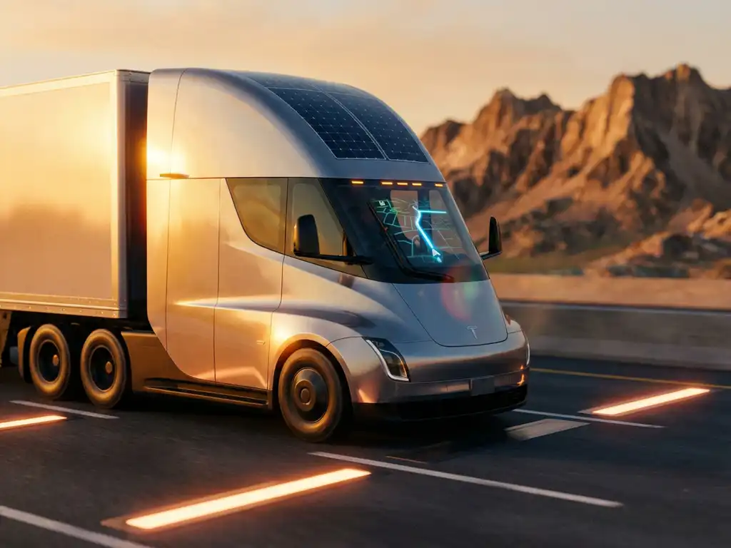 Moderne vrachtwagen met zonnepanelen rijdt op slimme snelweg met LED-strips tijdens gouden uur in berglandschap