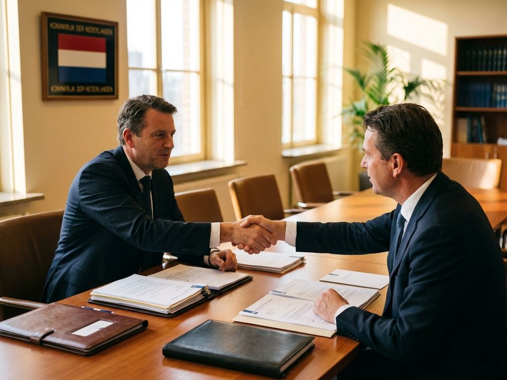 Twee zakelijke officials schudden handen over conferentietafel met overheidsdocumenten en Nederlandse vlag op achtergrond