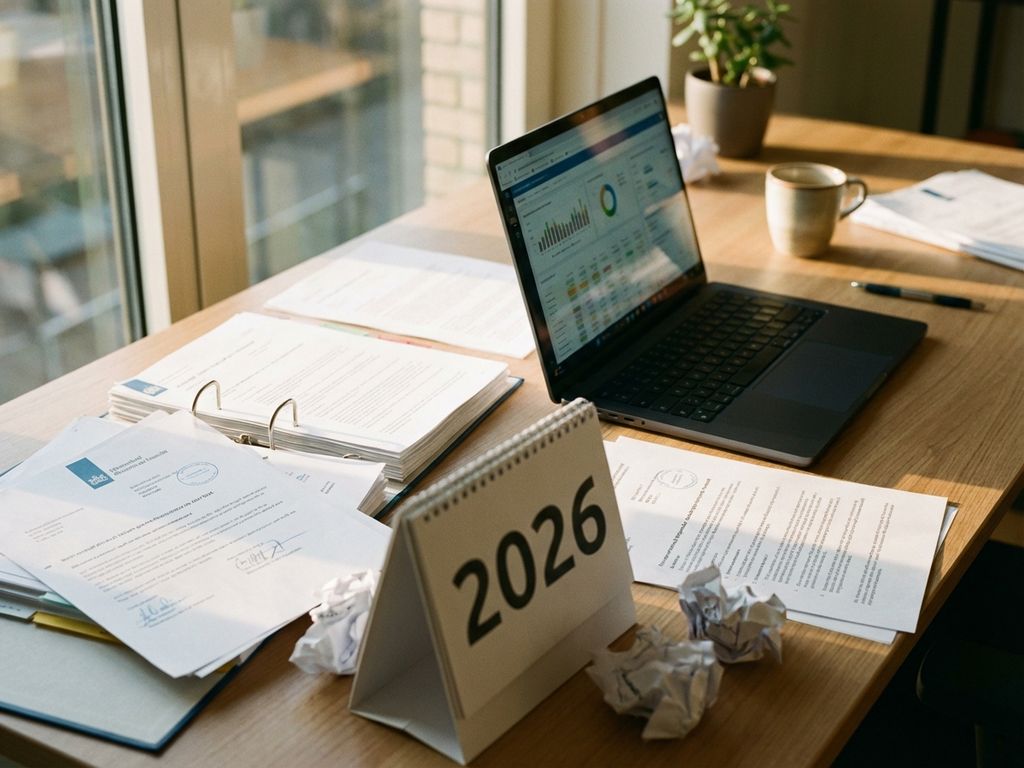 Bureau met Nederlandse overheidsdocumenten, laptop met compliance-grafieken en kalender met "2026" in natuurlijk licht