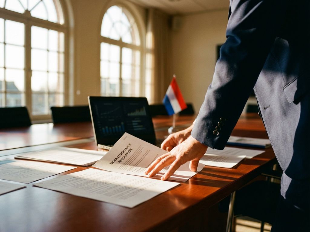 Zakelijke executive bekijkt NVWA nalevingsdocumenten aan vergadertafel met laptop en Nederlandse vlag op achtergrond