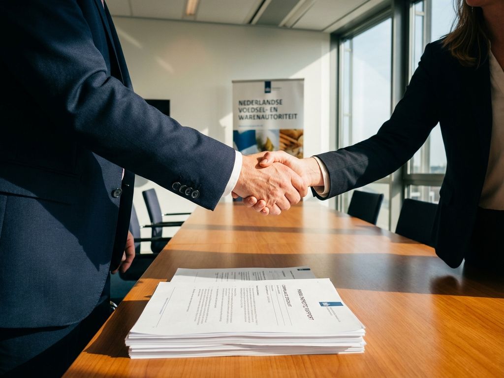 Bedrijfsconsultant en voedingsindustrie-executive schudden handen boven NVWA-documenten in modern kantoor