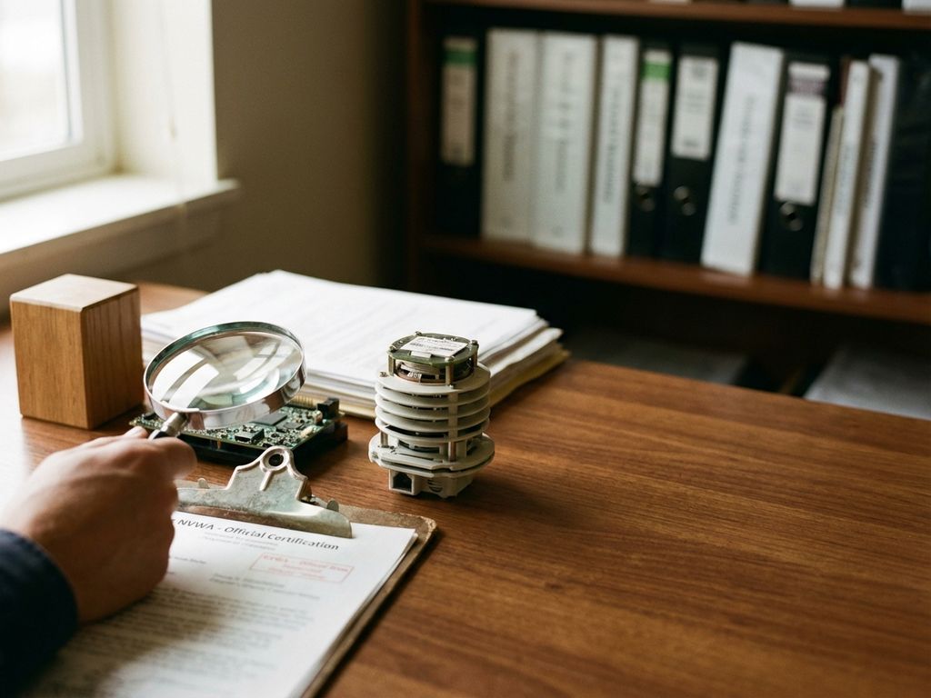 Inspecteursbureau met drie productmonsters, vergrootglas, NVWA-certificeringsdocumenten op klembord op houten tafel