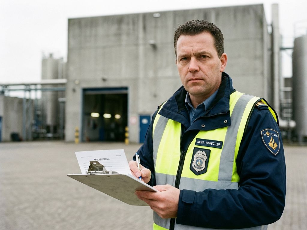 NVWA-inspecteur schrijft boete op klembord voor voedselverwerkingsfaciliteit, badge en documenten zichtbaar