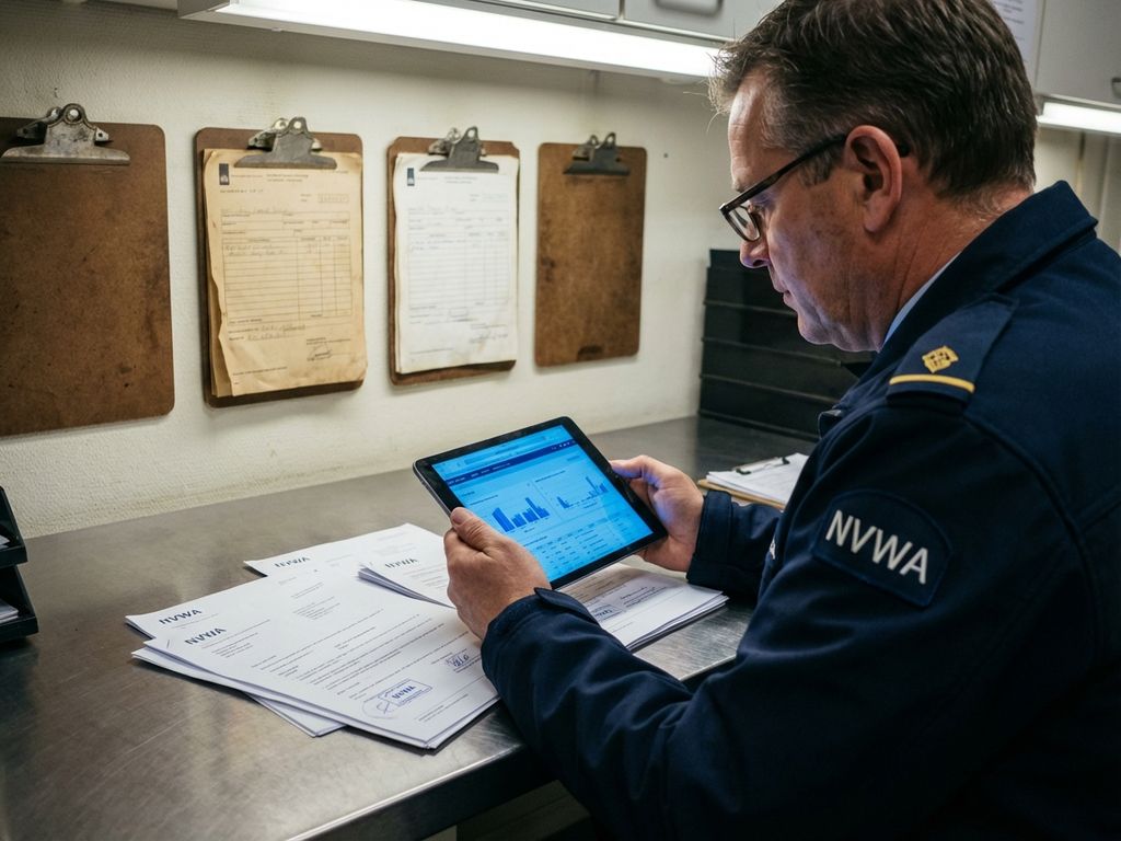 NVWA-inspecteur bekijkt digitale tablet met inspectiegegevens naast papieren klemborden en officiële documenten