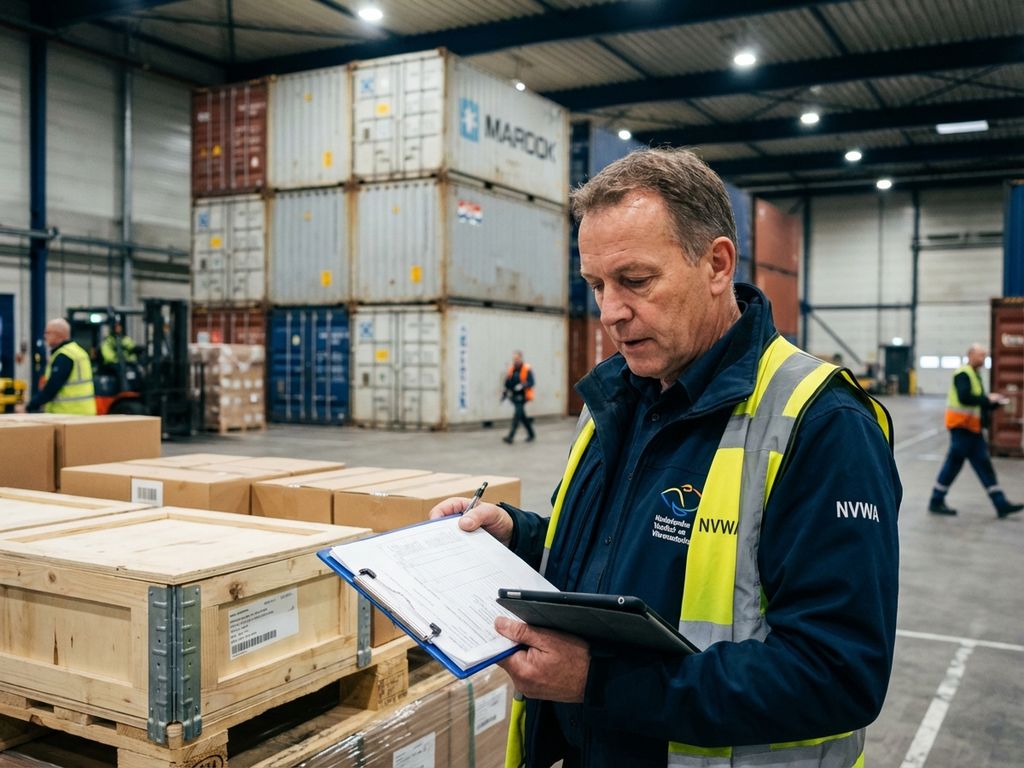 NVWA-inspecteur controleert geïmporteerde goederen in moderne havenfaciliteit met containers op achtergrond
