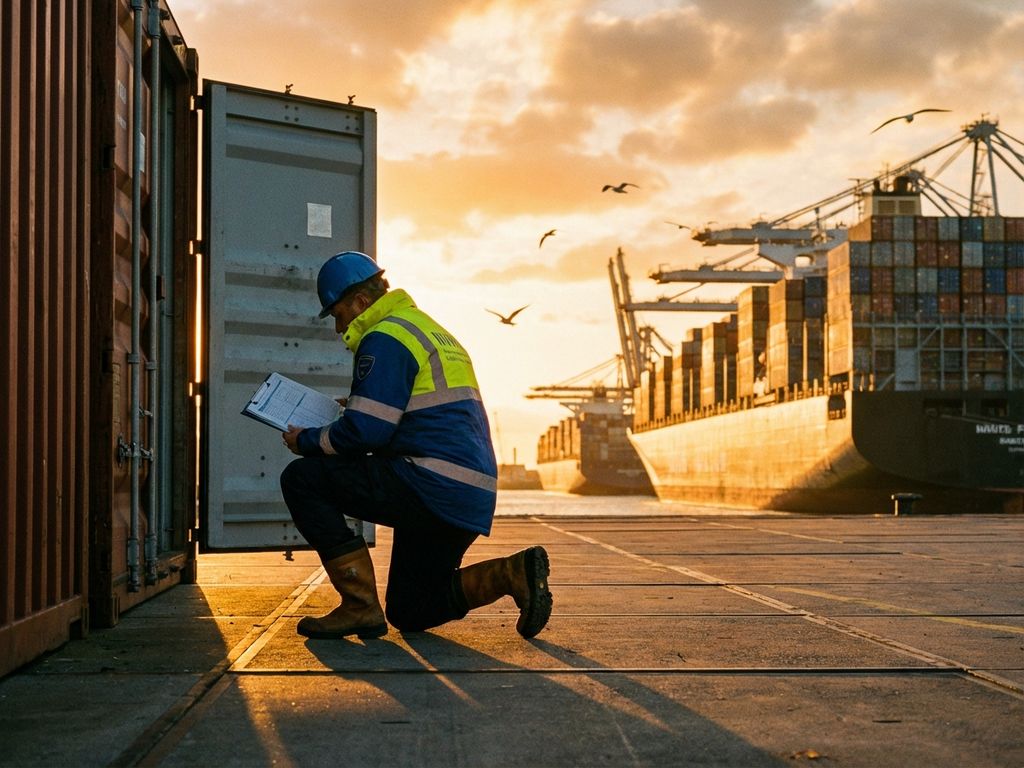 NVWA-inspecteur controleert containers met klembord op drukke haventerminaal met containerschepen op achtergrond