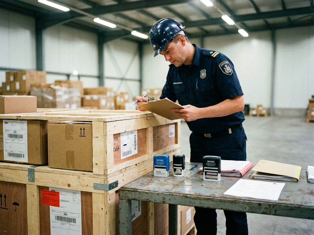 NVWA-inspecteur onderzoekt geïmporteerde goederen met klembord tussen houten kratten en dozen in magazijn