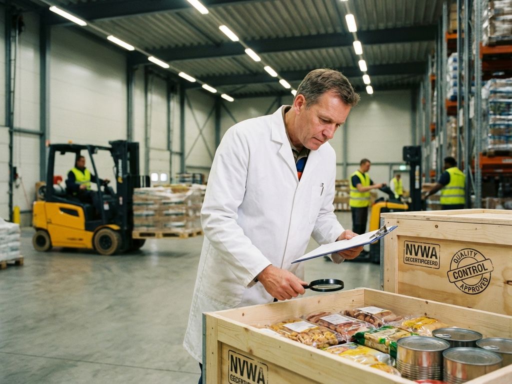Professionele NVWA-inspecteur controleert voedselproducten in modern magazijn met kwaliteitscertificaten