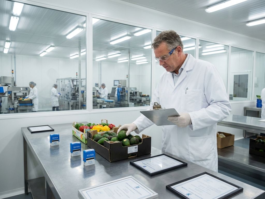 NVWA-inspecteur in witte jas controleert verse producten op roestvrijstalen tafel in moderne inspectieruimte