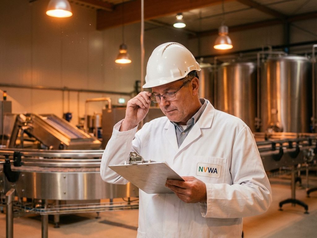 NVWA-inspecteur in witte jas controleert documenten in moderne voedselverwerkingsfaciliteit met roestvrijstalen apparatuur