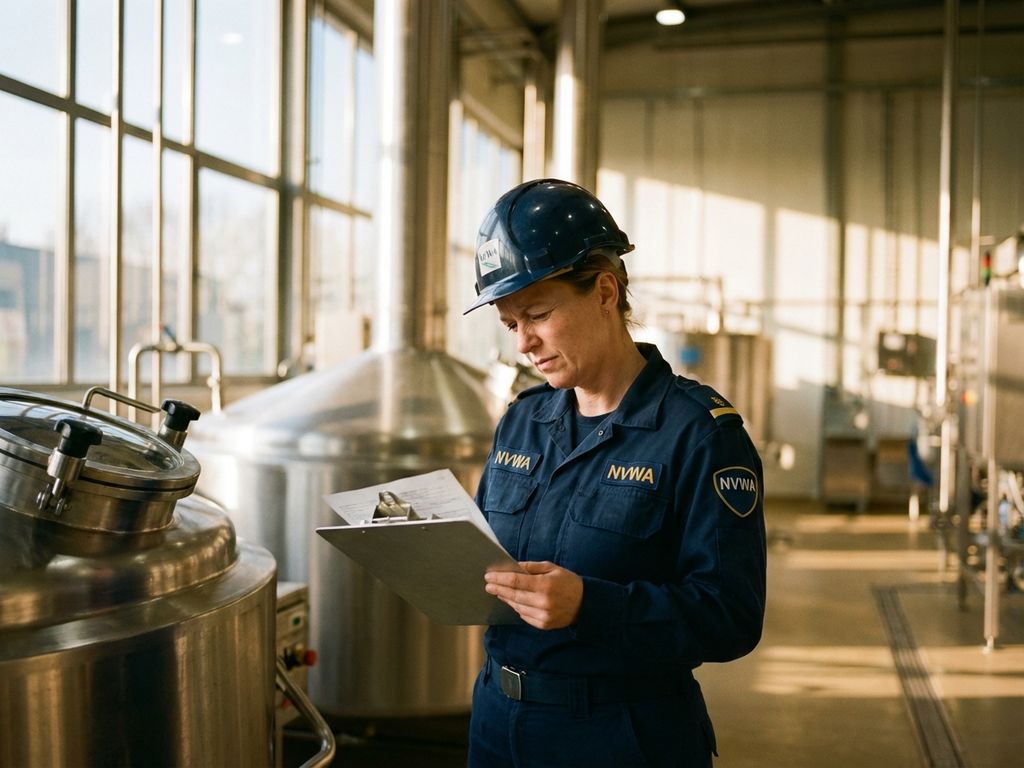 NVWA-inspecteur controleert documenten in moderne voedingsverwerkingsfaciliteit met roestvrijstalen apparatuur