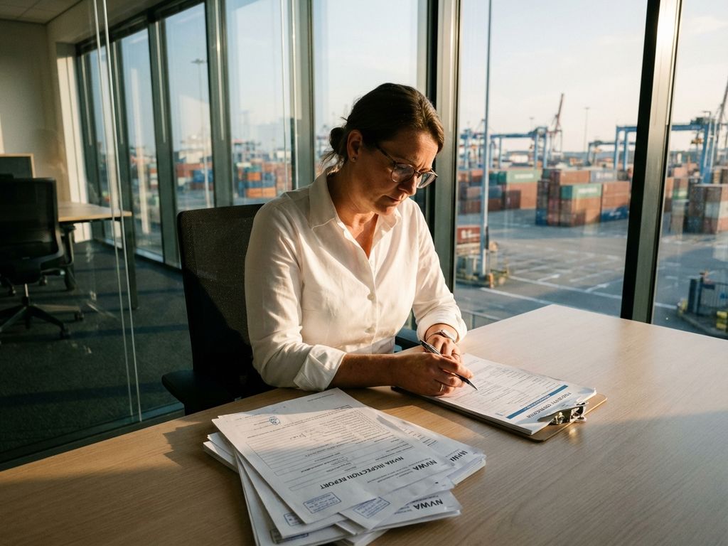 Logistiek coördinator bekijkt NVWA inspectiedocumenten en voedselveiligheidscertificaten op modern kantoor