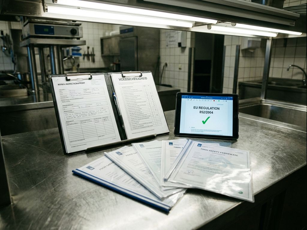 NVWA inspectieformulieren op klembord met voedselveiligheidscertificaten en digitale tablet op RVS keukenblad