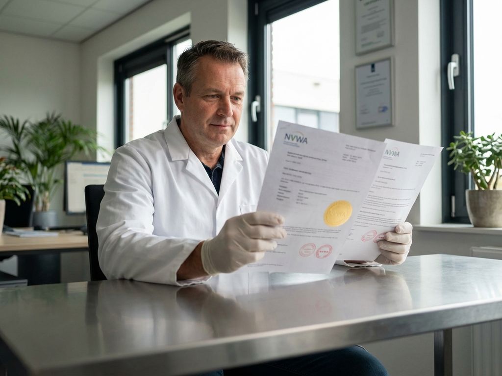 Voedselkeuringsinspecteur in witte laboratoriumjas bestudeert NVWA-certificeringsdocumenten met officiële stempels
